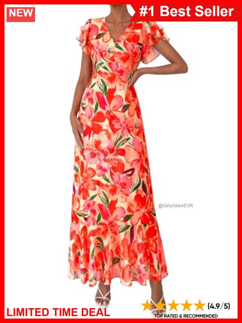 100% Polyester Ruffle Sleeve V-Neck Maxi Dress Flowy Beach